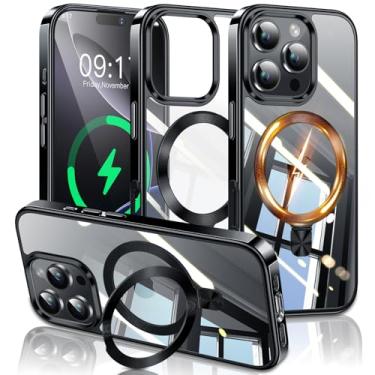 Imagem de ESTPEAK Capa preta de titânio com suporte de CD Mag-Stand para iPhone 16 Pro com anel magnético invisível, [apto para MagSafe] [nunca amarela] Capa de telefone transparente para iPhone 16 Pro 6,3