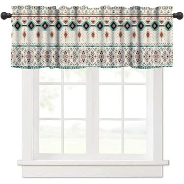Imagem de Cortinas de saia indígenas astecas para cozinha, sanefas geométricas tribais do sudoeste para janela de cozinha, cortinas curtas estampadas étnicas navajo americanas para janelas pequenas, café,