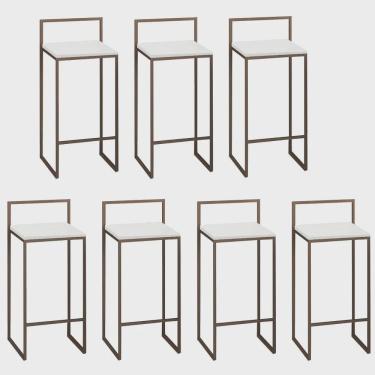 Imagem de Kit 07 Banquetas Alta Com Encosto Lino Industrial Balcão Bistrô Ferro Marrom mdf Madeira Branco - Ahz Móveis
