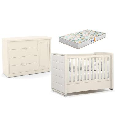 Imagem de Berço Americano com Capitonê New Boucle e Cômoda Infantil Tutto New Off White e Colchão Gazin - Matic