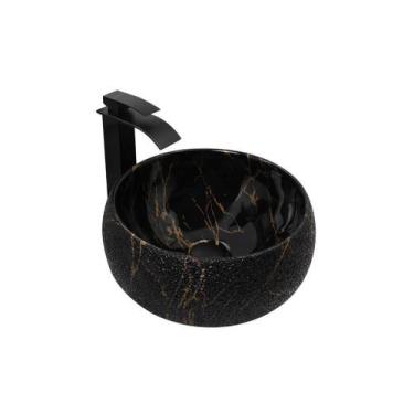 Imagem de Kit Cuba Pia Louça Cerâmica Banheiro C/Torn E Vál Preta 64 - Smart Nor