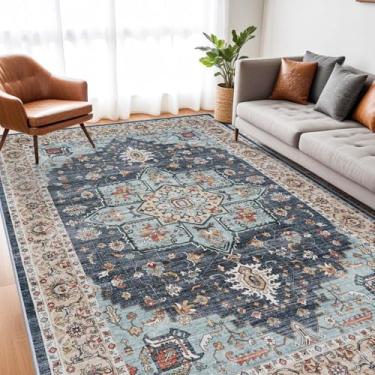 Imagem de TOPRUUG Tapete de área oriental lavável – Tapetes para sala de estar, tapete macio para quarto, impermeável, floral, envelhecido, resistente a manchas, resistente a manchas (azul/azul-petróleo/laranja