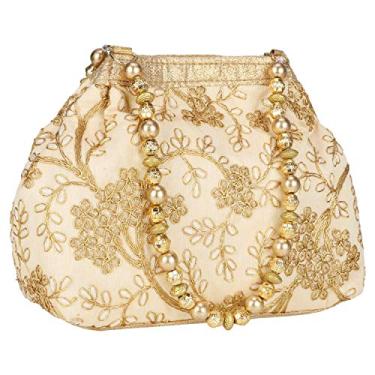 Imagem de Suman Enterprises Bolsa Potli para mulheres, dourada, veludo, floral, fecho de cordão, 19 x 18 cm, alça de 61 cm, leve, perfeita para casamentos e festas festivas, Dourado, Dimensions: 7.5 in. x 7.0