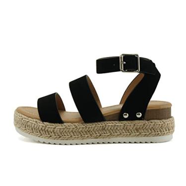 Imagem de Soda BRYCE-2 Sandálias para crianças/meninas, bico aberto, duas bandas, alpargata, plataforma de juta, plataforma, casual, moderna, com fivela e tira no tornozelo, Nobuck preto, 16