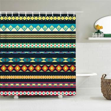 Imagem de Cortinas de chuveiro estampadas com padrão geométrico, à prova d'água, poliéster, vários tamanhos, cortina de banho com ganchos, 180x180cm, 3810M, L210xA180cm