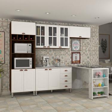 Imagem de Armário De Cozinha Compacta 4 Peças Com Tampo E Bancada Agatha Luciane Móveis Nogueira Dourado C/ Branco Pet E Marmore