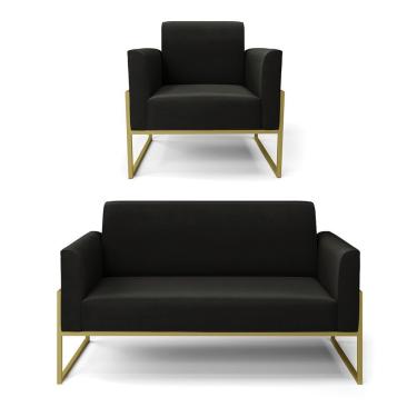 Imagem de Sofá Namoradeira Com Poltrona Base Industrial Alta Dourado Marisa Suede Preto D03 - D\'rossi