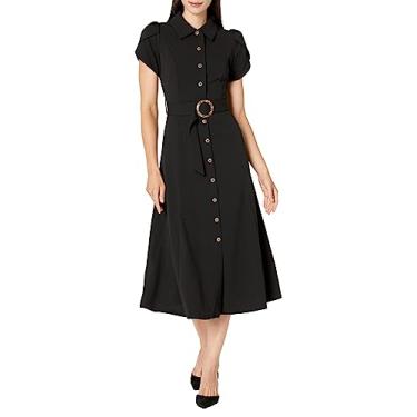 Imagem de Calvin Klein Vestido feminino de crepe com saia de babados e cinto de amarrar, Preto, 9