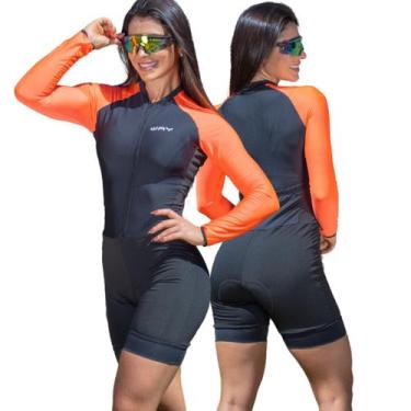 Imagem de Macaquinho de Ciclismo Feminino Forro Espuma Manga Longa Proteção Uv R