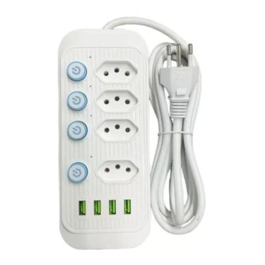 Imagem de Régua Extensão Elétrica USB 4 Tomadas + 4 Portas USB 10A com Botão Liga/Desliga Cabo Longo e Resistente