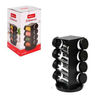 Imagem de Porta Condimentos Giratório Plástico Preto com 08 Potes 80ml - WELLMIX