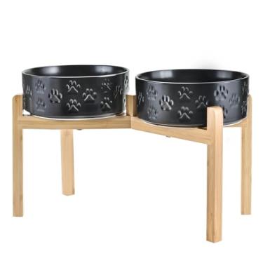 Imagem de SPUNKYJUNKY Tigelas elevadas de cerâmica para cães, 21 cm, com suporte de bambu antiderrapante para raças grandes, podem ser lavadas no micro-ondas - 1,701 g, preto