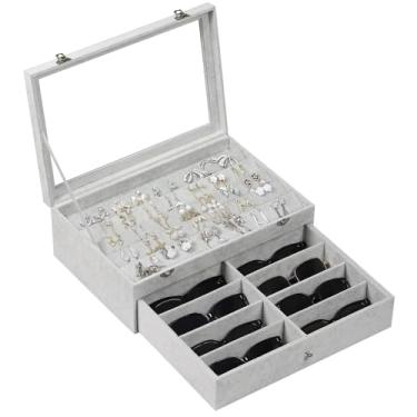 Imagem de AUTOARK Organizador de óculos de sol com 55 pares de brincos e 8 compartimentos, estojo de óculos multijoias para mulheres e homens, suporte de coleção com gaveta, parte superior de vidro grande