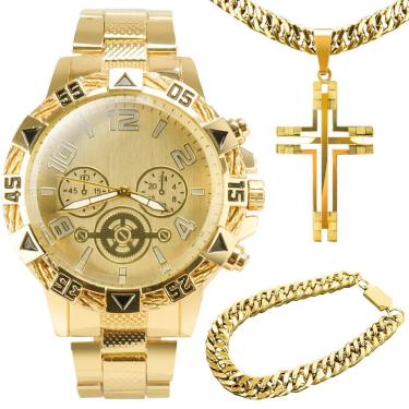Imagem de Relogio Masculino Banhado Ouro Aço + Crucifixo + Pulseira Presente Original Qualidade Premium Grande