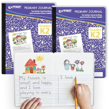Imagem de EXTRIC Caderno de composição de diário primário K-2, cadernos de composição de meia página, pacote com 2, notas de diário primário K-2 100 folhas, diários de escrita de capa dura