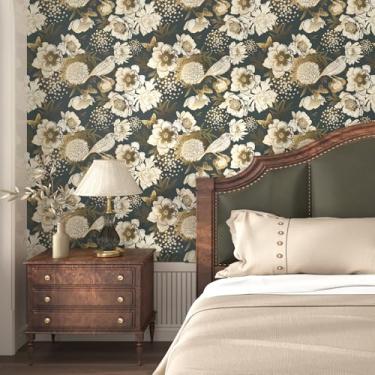 Imagem de EPPKILY Papel de parede floral dourado descasque e cole pássaros papel de parede vintage floral para contato com pássaros chinoiserie papel de contato autoadesivo para armários quarto paredes forro de