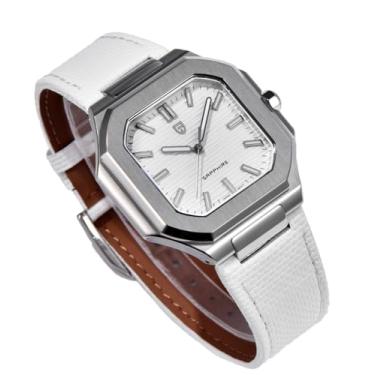 Imagem de Relógio octogonal Pagani Design com vidro de safira, caixa prateada, pulseira de couro azul marinho, 37 mm, movimento japonês TMI VH31, Branco, Luxuoso