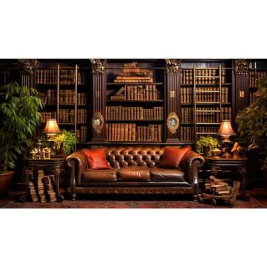 Imagem de Biblioteca de luxo vintage, pano de fundo, biblioteca escolar, coleção de fotos, casa, escritório, sofá, sala de conversa, sala de conversa, retrô, livros, prateleiras, fundo, vídeos, adereços 1,5 x