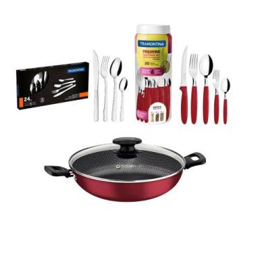 Imagem de KIT - Panela Wok Alumínio 28Cm + 1 Faqueiro Vermelho 30pç + 1 Faqueiro