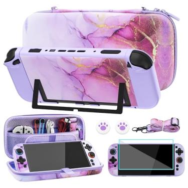 Imagem de FUNDIARY Estojo de transporte de viagem para Nintendo Switch 2 com design de mármore roxo, acessórios fofos com bolsa de armazenamento portátil, capa protetora encaixável, protetor de tela, alça de