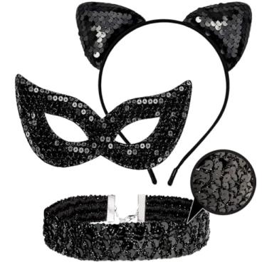 Imagem de OLYPHAN Acessórios Para Fantasia De Gato Preto Feminino Mulheres, Máscara Baile Halloween Com Lantejoulas, Orelhas Brilhantes E Colar Gargantilha