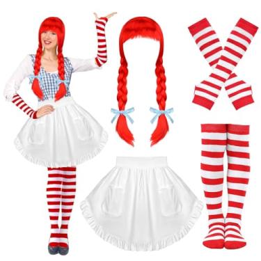 Imagem de 4 peças de fantasia de fast food de Halloween, peruca trançada vermelha, meia cintura, avental listrado, mangas nos braços, meias até o joelho para Halloween, mulheres, cosplay, festas, fantasias