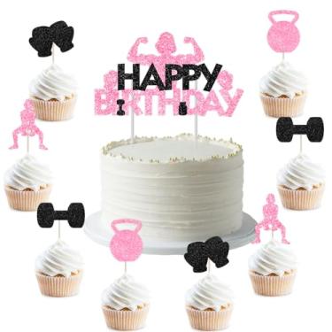 Imagem de Cheereveal 13Pcs Pink Black Gym Birthday Cake Decorations, Weight Lifting Dumbbell Cupcake Toppers, Fitness Weight Lifting Theme Sports Birthday Baby Shower Party Supplies