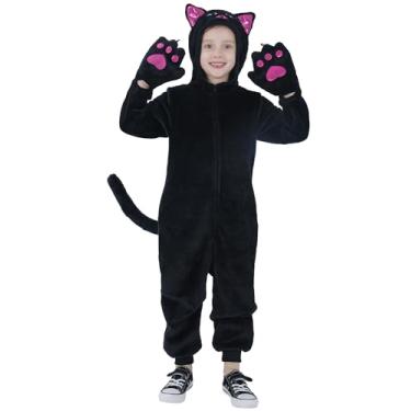 Imagem de Wizland Toddler Black Cat Coustume for Kids Girls Flannel Annimal Onesie with Ears and Detachable Tail Furry Annimal Jumpsuit with Pockets Hooded One Piece 4-6