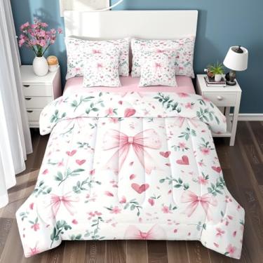 Imagem de Conjunto de edredom de coração kawaii com laço, 7 peças, para crianças, meninas, gravata borboleta sonhadora, tamanho casal, rosa claro e verde em uma bolsa com edredom, lençóis, fronhas, rosa e verde