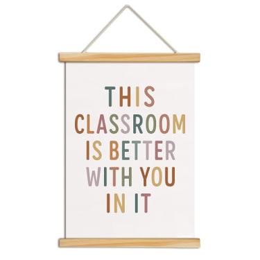 Imagem de Arte de parede em tela com citação inspiradora com cabide de madeira, impressão de pôster motivacional para decoração de sala de aula, dormitório ou escritório, decoração de parede de volta às aulas