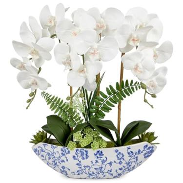 Imagem de Briful Flores artificiais de orquídea 45,7 cm, flores de seda falsas brancas com vaso de cerâmica azul e branco, arranjo de orquídeas falsas para casa, escritório, sala de centro, mesa de centro