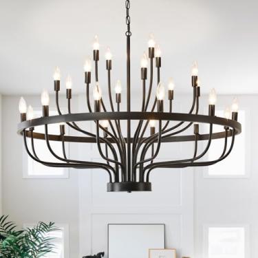 Imagem de XINGSIYUELYX Lustre Preto De 39,3 Polegadas Para Sala De Jantar, Luminária Preta De 24 Luzes Para Sala De Jantar, Grande Lustre Industrial De Fazenda, Lustres Rústicos De Vela Para Sala De Estar, Ha