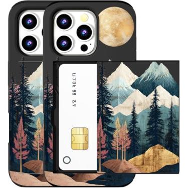 Imagem de MUQR Capa compatível com iPhone 15 Pro Max com porta-cartão fofo - Design Kawaii, proteção contra quedas de nível militar, capa carteira robusta para mulheres (montanha abstrata preta)