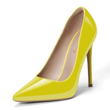 Imagem de Scarpin feminino GENSHUO 12 cm com Bico Fino Fechado, Salto Alto Agulha, Fácil de Calçar, Amarelo fluorescente, 36