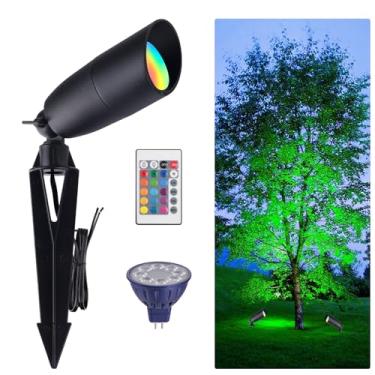 Imagem de Cheopha MR16 Lâmpada LED com mudança de cor 12 Volts, iluminação de paisagem RGB 5W 16 cores, luzes de paisagismo ao ar livre de alumínio à prova de intempéries para jardim e quintal, porta da frente