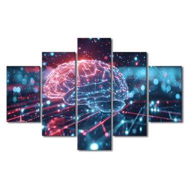 Imagem de Impressão em tela digital de cérebro humano com 5 painéis, tecnologia futurista, arte de parede para sala de estar, arte de parede, inteligência artificial, molduras, colagem, decoração de parede