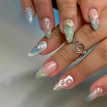 Imagem de RTKHFZE Unhas curtas de amêndoa laranja, formato de amêndoa curta, unhas de acrílico falso, unhas de cobertura completa outono/inverno para mulheres/formatura/festa/feriado (pontas azuis francesas