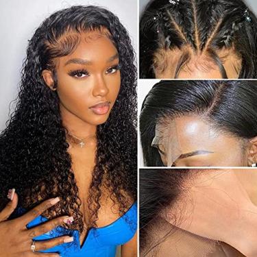 Imagem de Derun Peruca de cabelo humano 13x6 Real HD Lace Front Wigs 180% densidade 0,12 mm peruca encaracolada frontal suíça invisível pré-arrancada com peruca de cabelo de bebê para mulheres (61 cm, 33 × 6