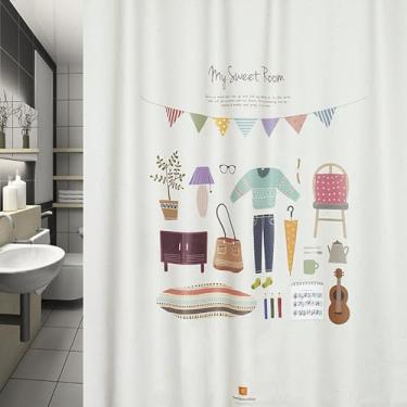 Imagem de onesevennine Cortina de chuveiro de designer coreana – Sem costura, resistente à água (180 cm L x 188 cm C) My Sweet Room – Inclui 12 ganchos de plástico para fácil configuração