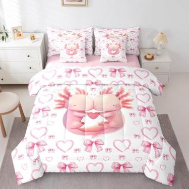 Imagem de Erosebridal Jogo de cama kawaii Axolotl de 7 peças, solteiro, para meninas, com laço rosa, Axolote de coração para casal, conjunto de cama com nó e laço fofo para crianças
