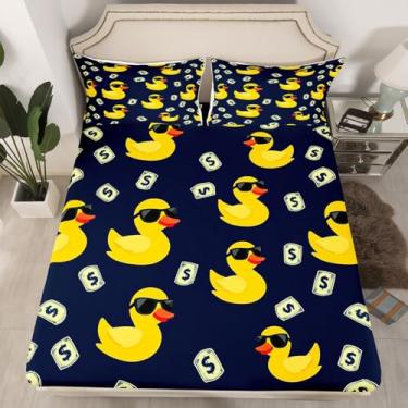 Imagem de Erosebridal Jogo de lençol casal de borracha com desenho de pato amarelo, 3 peças, estampa de dólar americano, azul marinho, para mulheres, homens e adultos