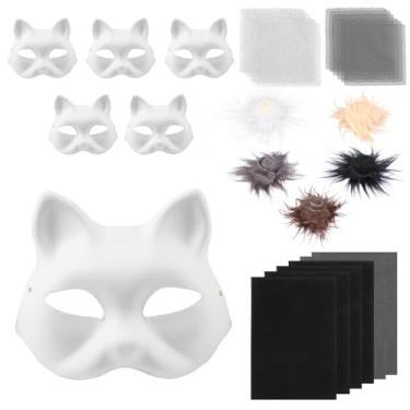 Imagem de ZFLYCANP Kit de máscara Therian DIY de papel, máscara de animal, adereços de fantasia DIY, kit de máscara de gato Therian divertido, estimula a criatividade para festas (preto)