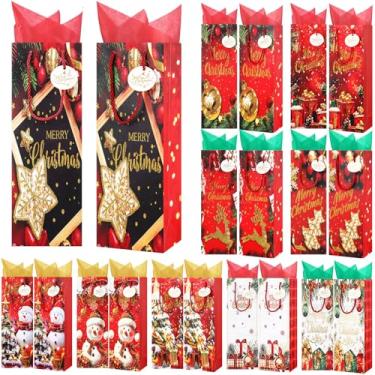 Imagem de SilTriangle Pacote com 50 sacos de presente de vinho de Natal a granel com papéis de seda e etiquetas, sacos de embrulho de garrafa de vinho com alças para embrulho de presente de Natal, 10 designs
