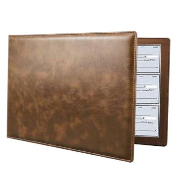 Imagem de Pasta para talão de cheques de 7 anéis, capacidade para 600 cheques, capa de couro PU, 23 x 33 cm, perfeita para negócios e finanças pessoais (marrom)