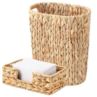 Imagem de Lata de lixo de jacinto de água 15L e suporte de guardanapo de vime retângulo, bandeja de guardanapo de vime para mesa, conjunto de casa de vime para quarto, banheiro, cozinha, escritório, varanda