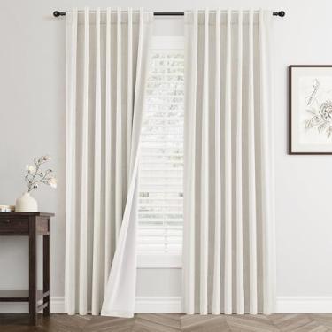 Imagem de Cortinas blackout de linho bege 203 cm de comprimento conjunto de 2 painéis para sala de estar quarto redução de ruído térmico 100% cortinas de linho preto escurecimento do quarto cortinas de janela