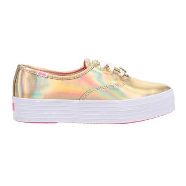 Imagem de Keds Tênis feminino casual de lona listrada X Point com cadarço - preto, branco, Couro dourado, 35