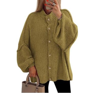 Imagem de Suéter de cardigã feminino PRETTYGARDEN de malha grossa verde oliva