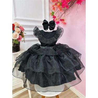 Imagem de Vestido Infantil Wandinha Preto com Cinto de Strass Luxo - Tamanho P, 