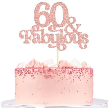 Imagem de Ephlyn 1 pç 60 & Fabulous Cake Topper Glitter Sessenta and Fabulous Cake Toppers Happy 60th Birthday Cake Pick for 60th Wedding Anniversary Birthday Decorações Supplies Rose Gold